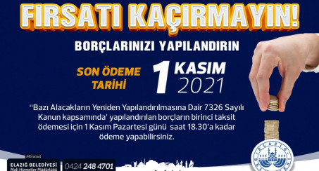 Elazığ Belediyesi'nden Duyuru Yapılandırma İlk Taksit Ödemesinde Son Tarih 1 Kasım